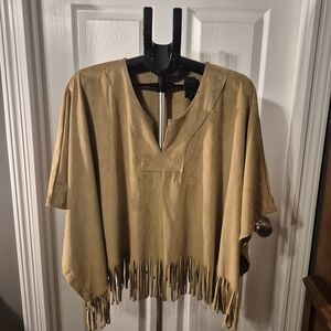 Chic Fever Medium Women's Tan Fringe Poncho - Boho Style Essential!